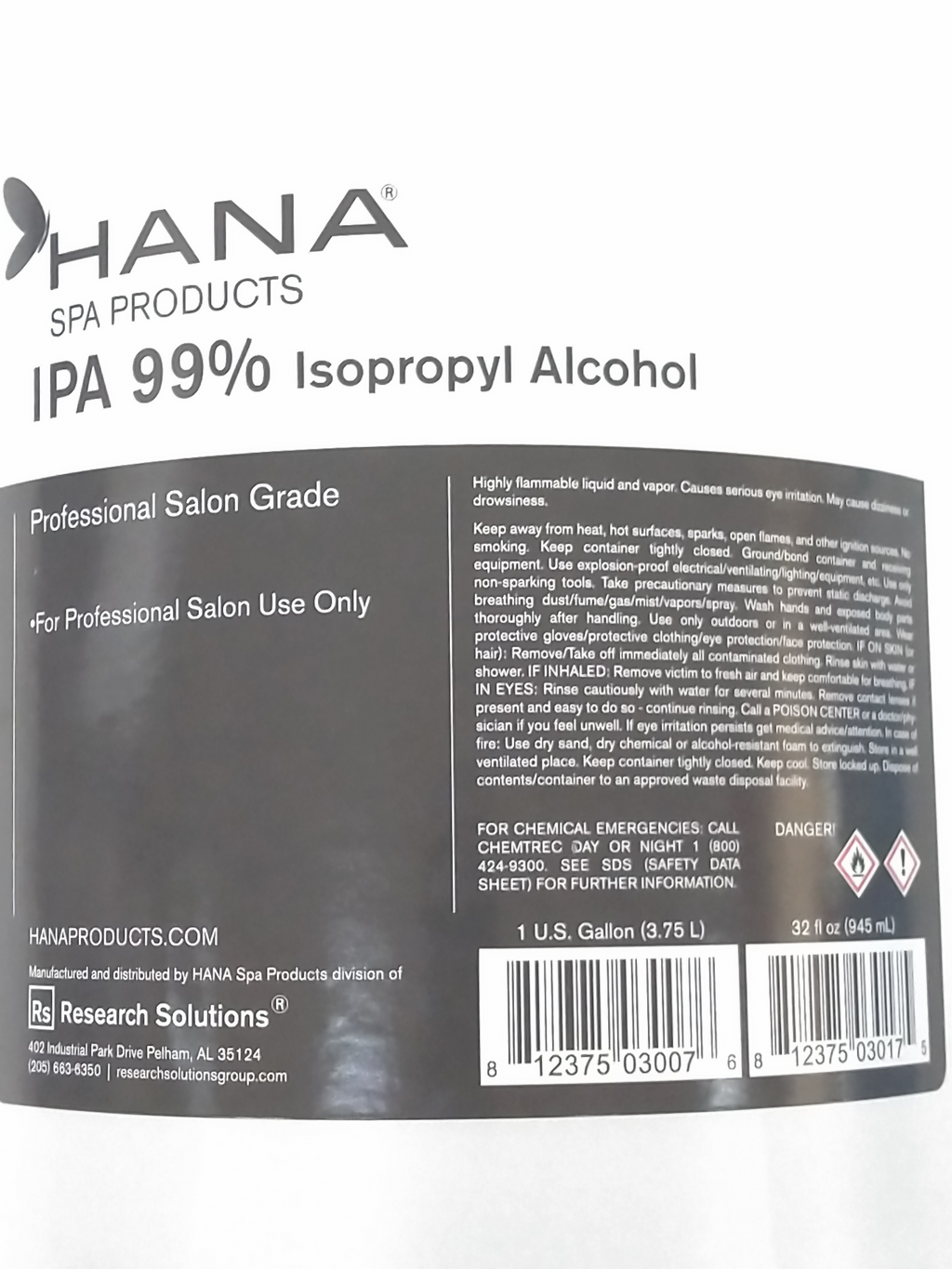 Hana Spa Products IPA 99% Isopropyl Alcohol Gallon