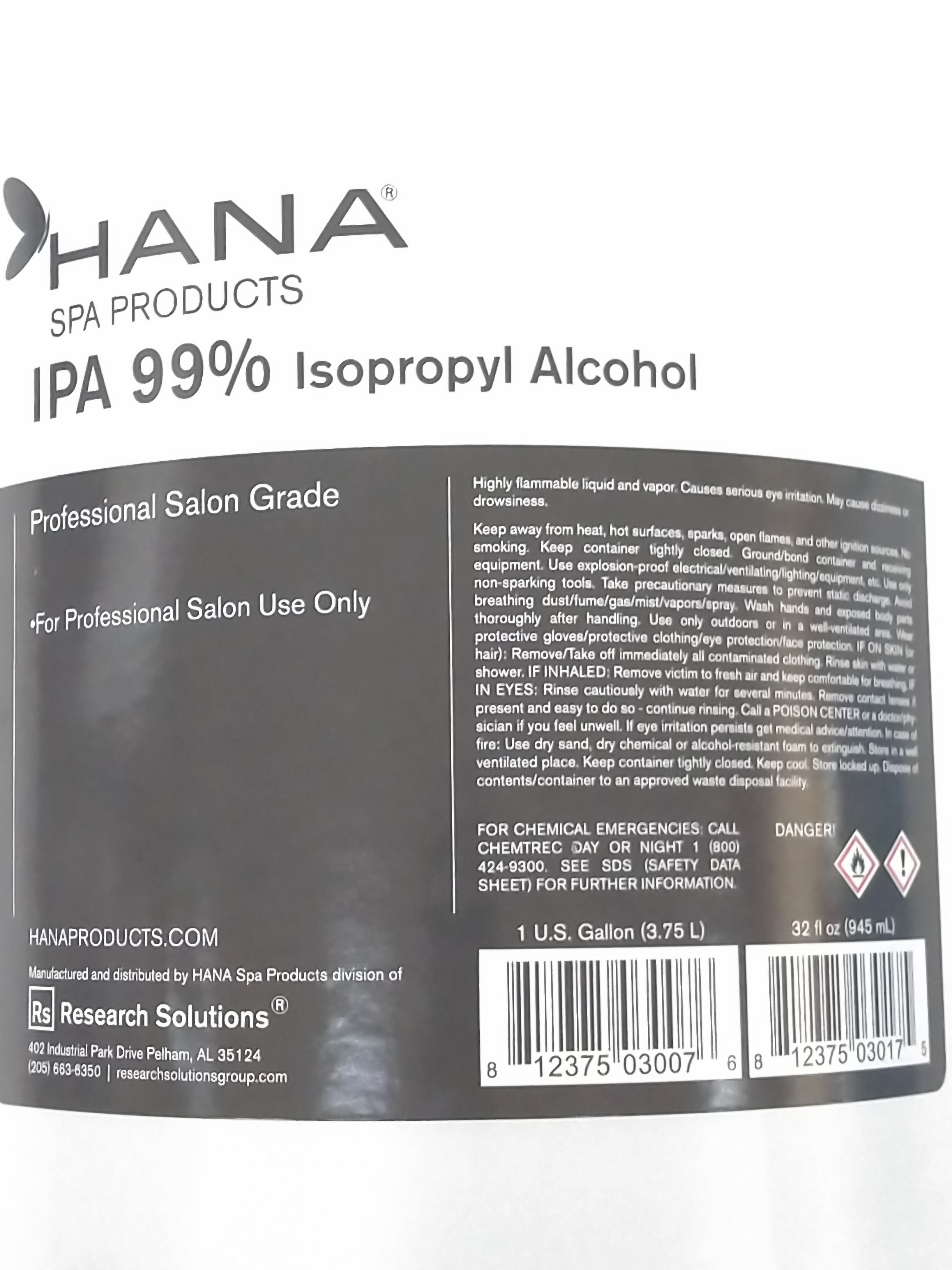 Hana Spa Products IPA 99% Isopropyl Alcohol Gallon