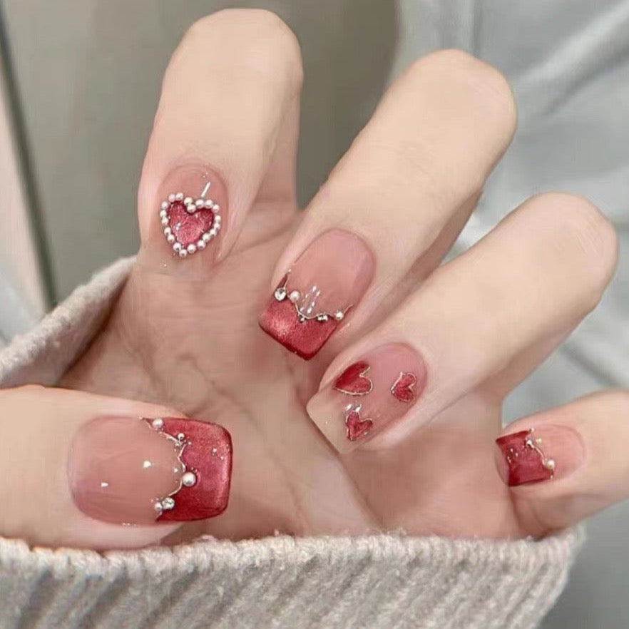 Burgundy Sweetheart Pearl French Manicure with Cat Eye Finish